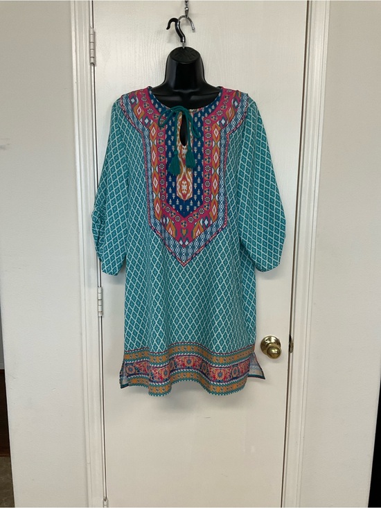 Urban CoCo Tops - Urban CoCo Boho Tassel Tie Print Tunic - Teal, Pink, Mustard